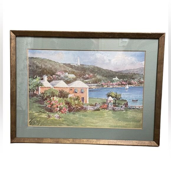 Ethel Tucker Vintage Bermuda Framed Lithograph Print of Waterlot Inn&Lighthouse - Picture 2 of 12